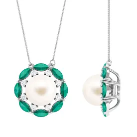 Freshwater Pearl Floral Pendant Necklace with Emerald