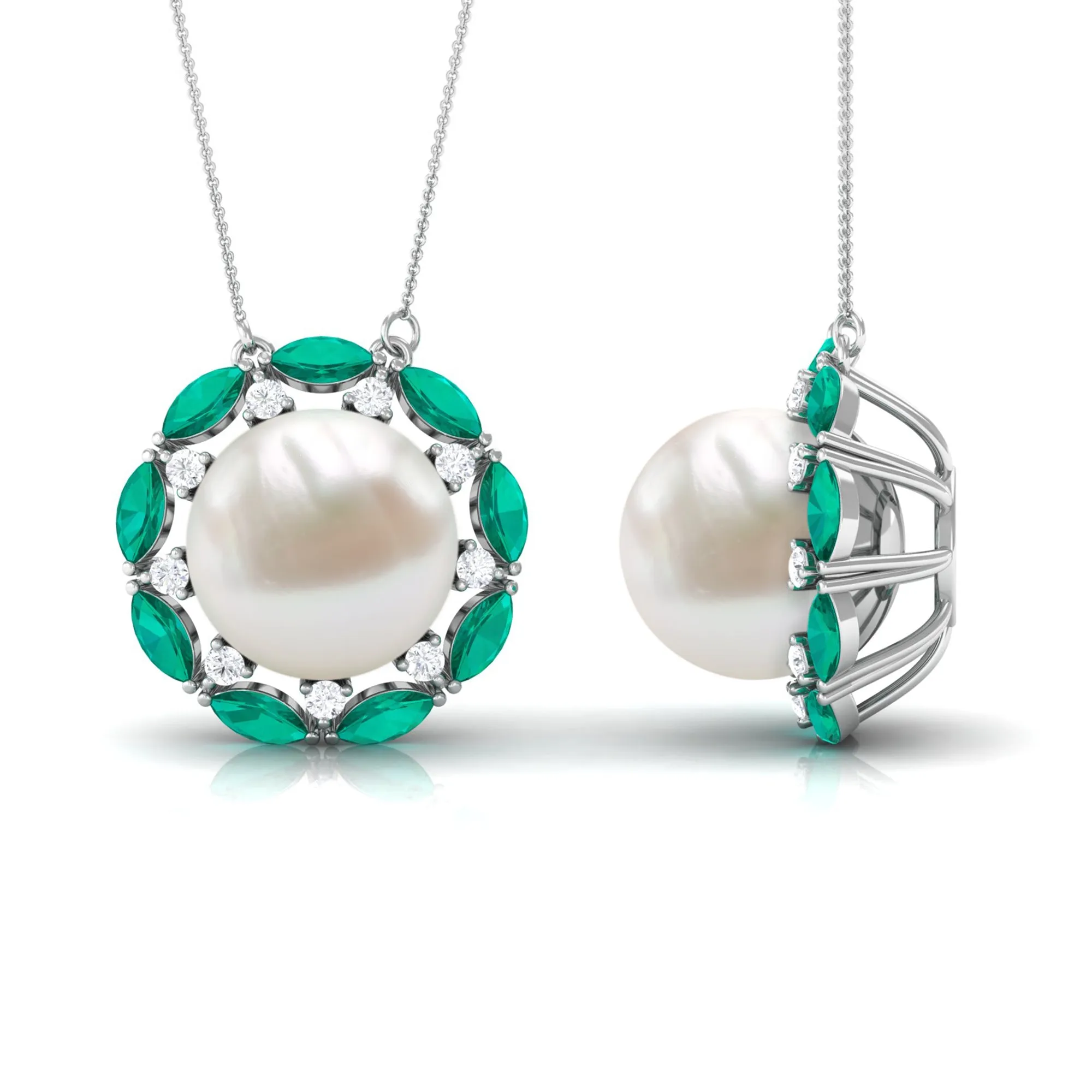 Freshwater Pearl Floral Pendant Necklace with Emerald