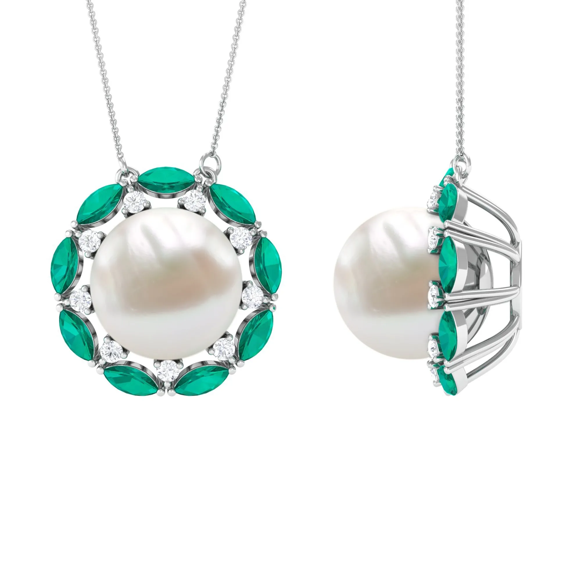 Freshwater Pearl Floral Pendant Necklace with Emerald