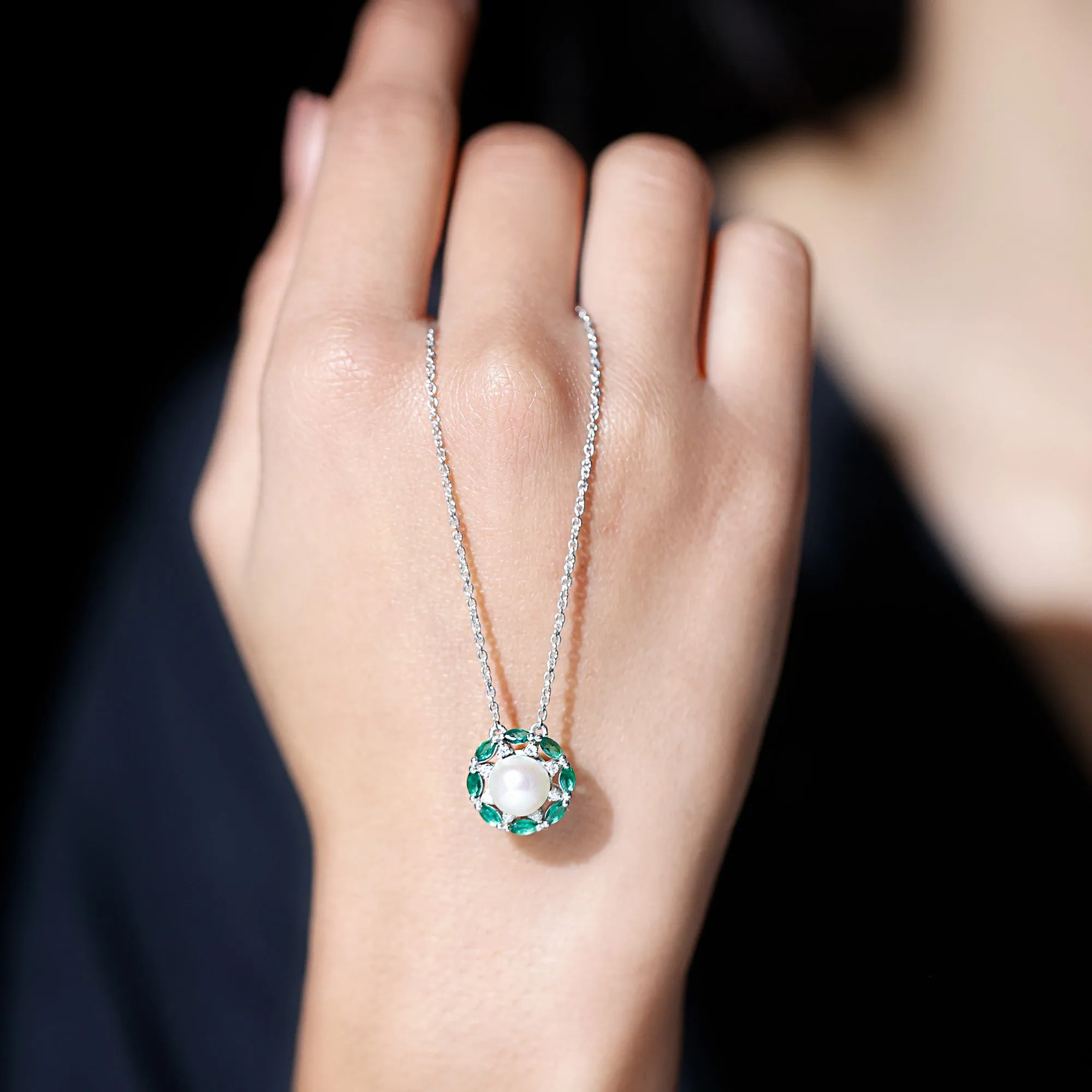 Freshwater Pearl Floral Pendant Necklace with Emerald
