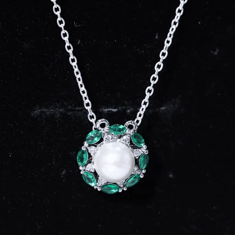 Freshwater Pearl Floral Pendant Necklace with Emerald