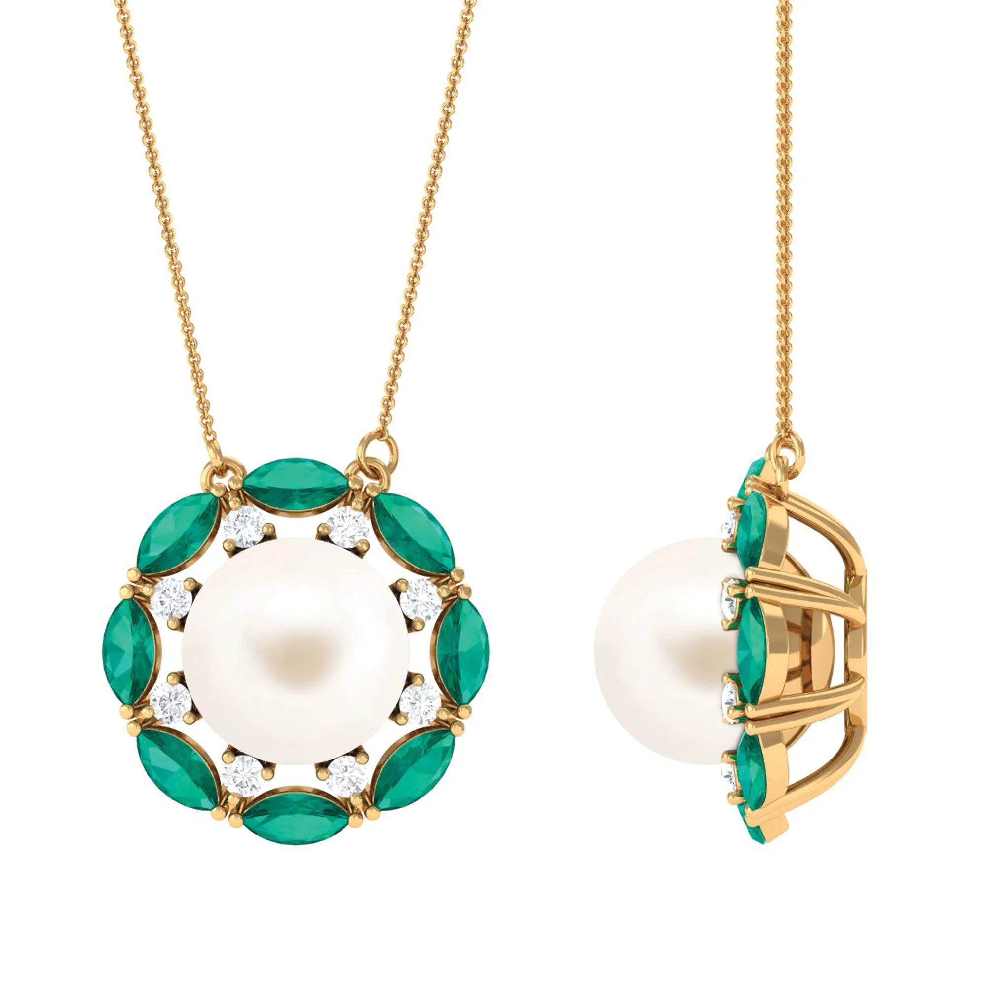 Freshwater Pearl Floral Pendant Necklace with Emerald