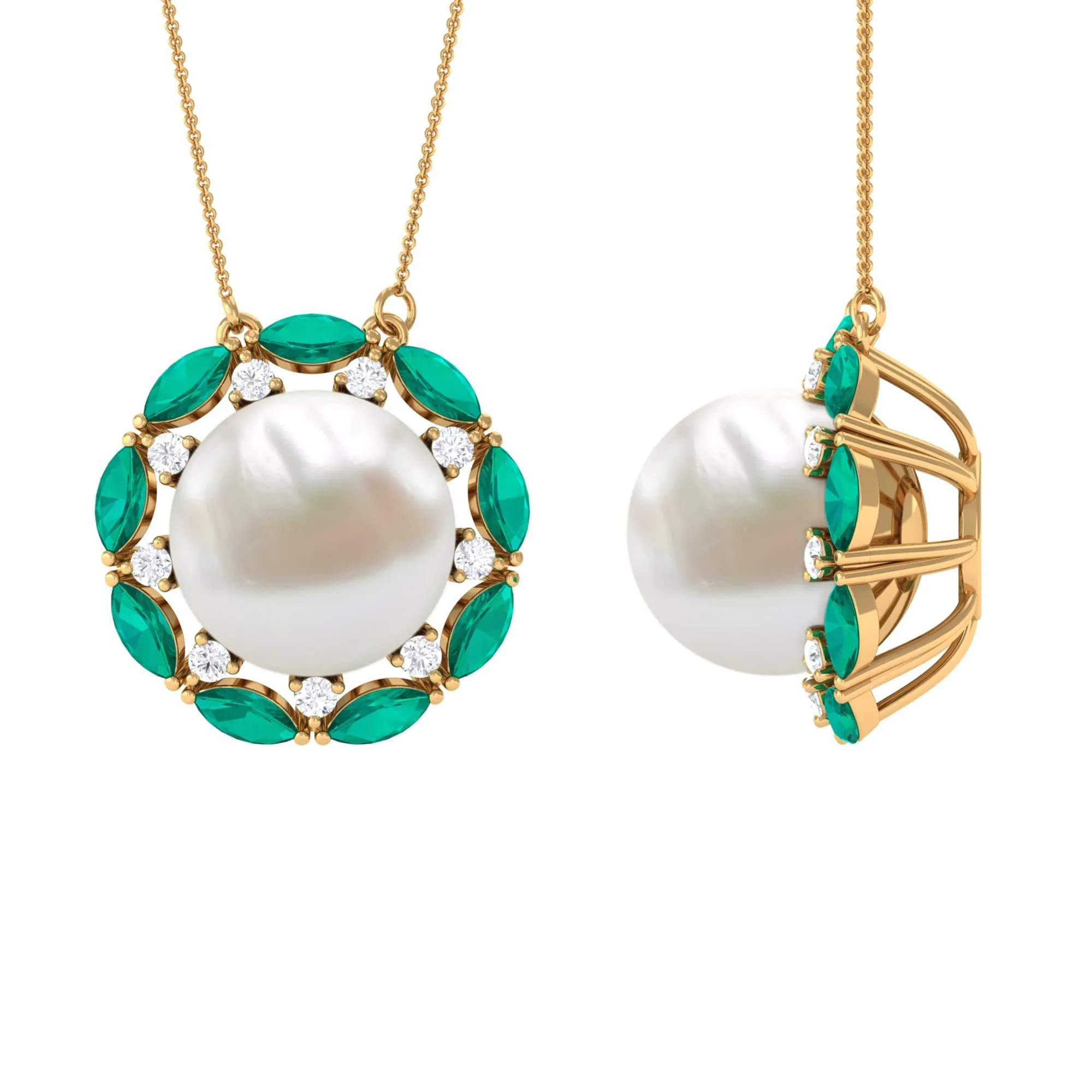 Freshwater Pearl Floral Pendant Necklace with Emerald