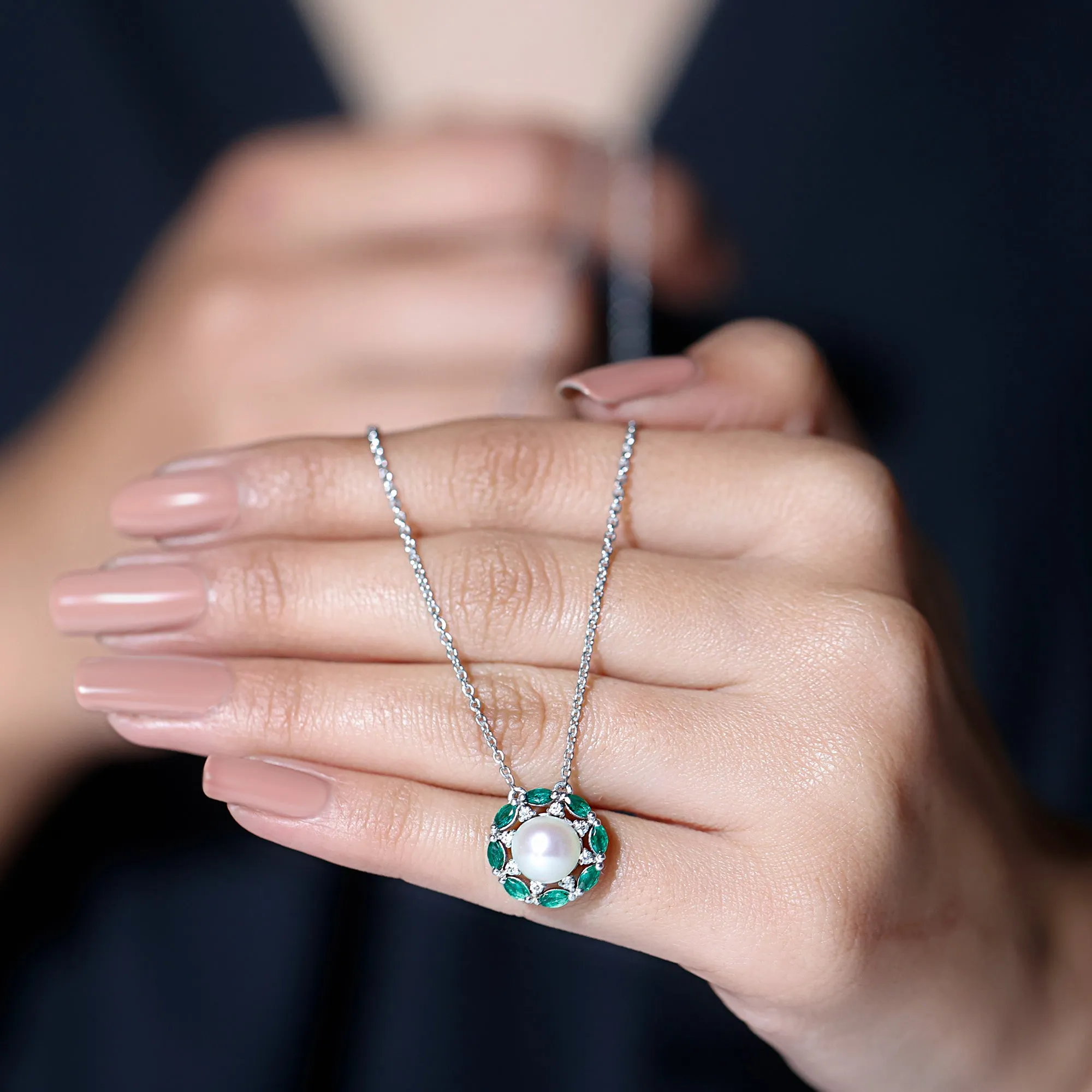Freshwater Pearl Floral Pendant Necklace with Emerald