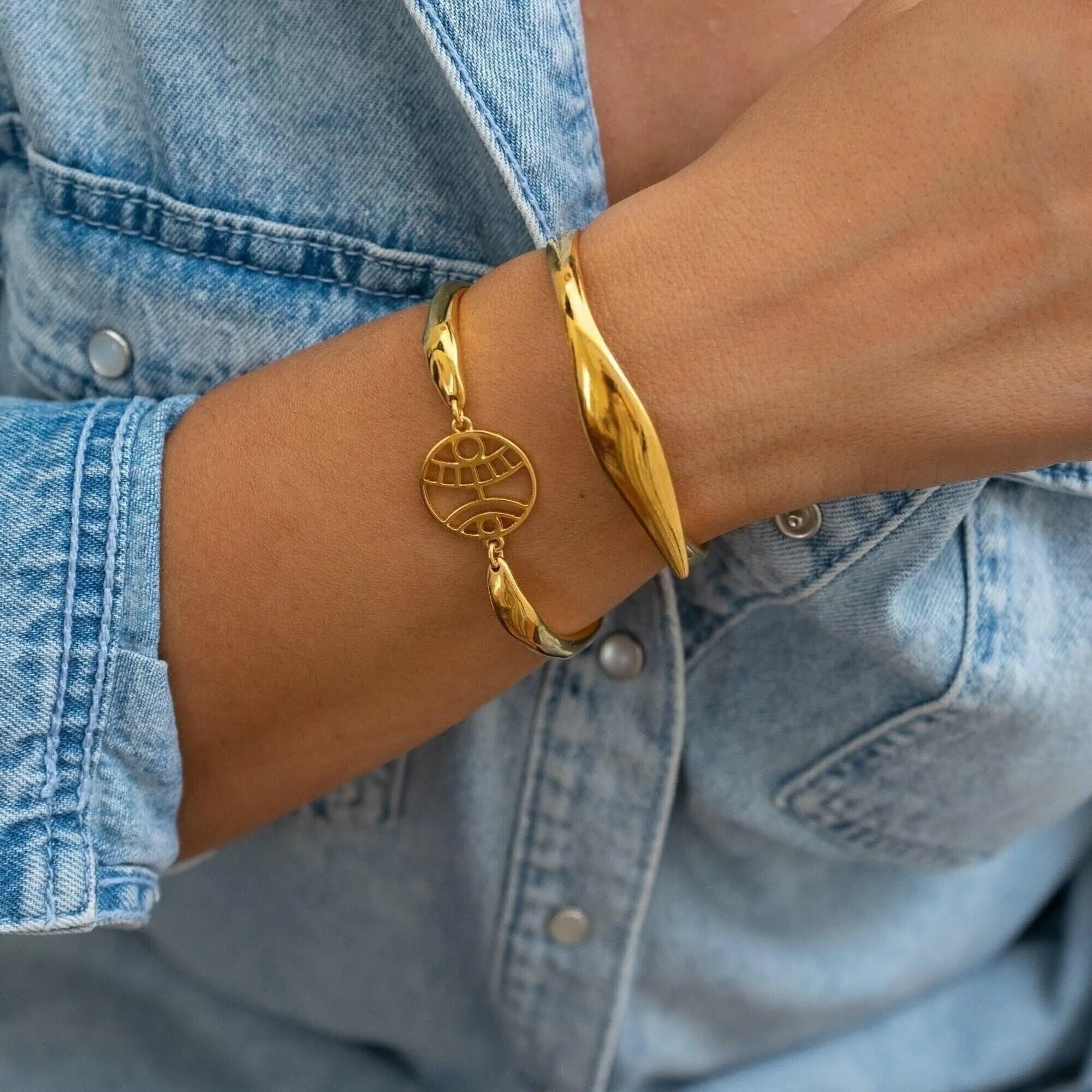 Gold Evil Eye Hammered Cuff Bracelet
