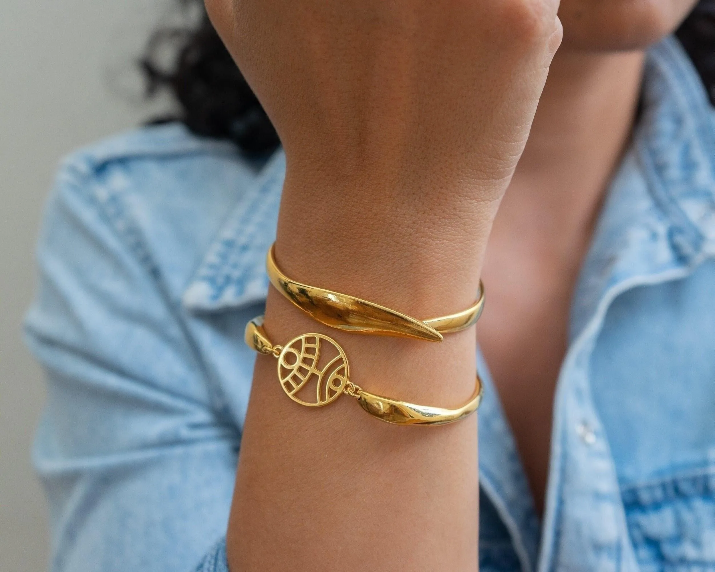 Gold Evil Eye Hammered Cuff Bracelet