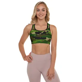 Green Camo Women's Sports Bra, Brown Military Army Padded Gym Bra- Made in USA/EU