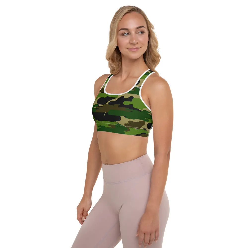 Green Camo Women's Sports Bra, Brown Military Army Padded Gym Bra- Made in USA/EU