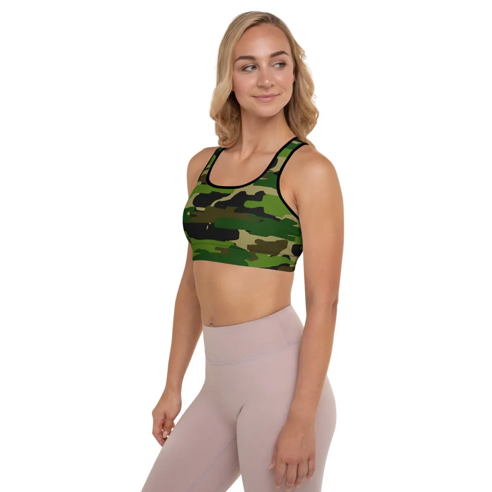 Green Camo Women's Sports Bra, Brown Military Army Padded Gym Bra- Made in USA/EU