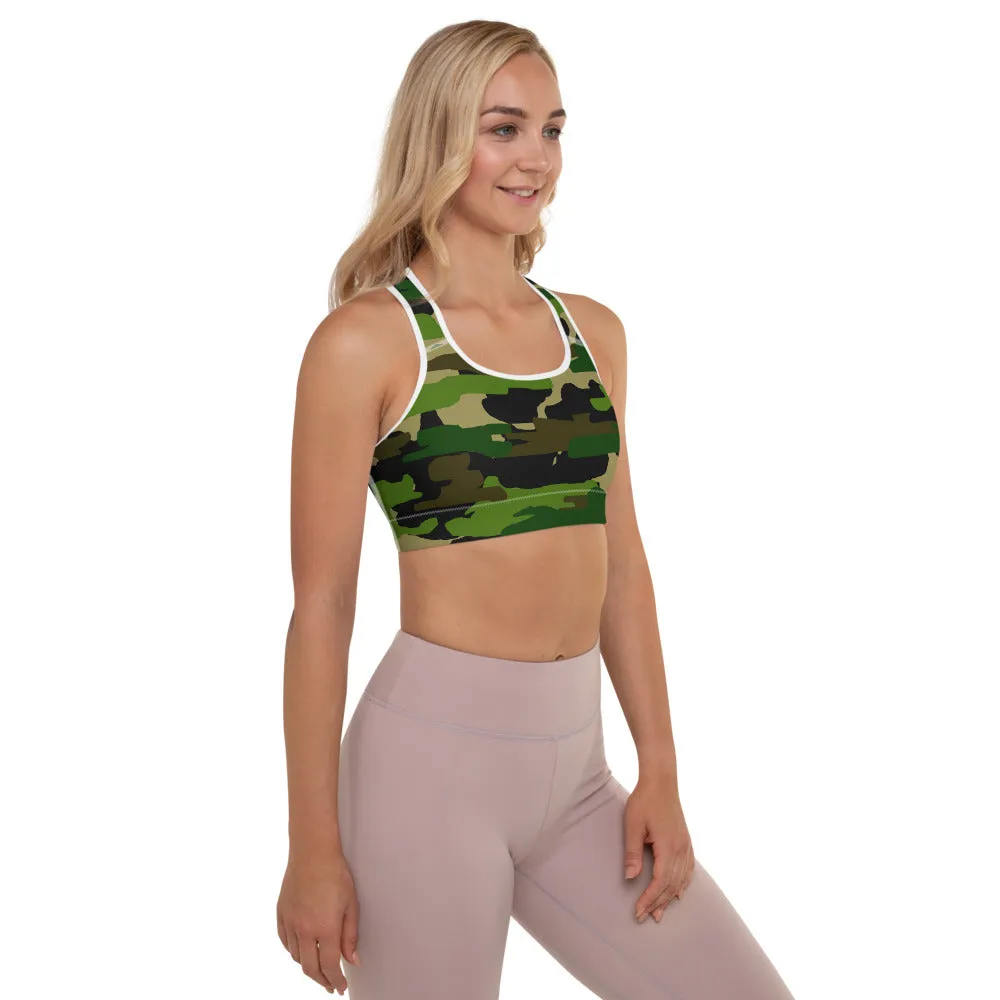 Green Camo Women's Sports Bra, Brown Military Army Padded Gym Bra- Made in USA/EU