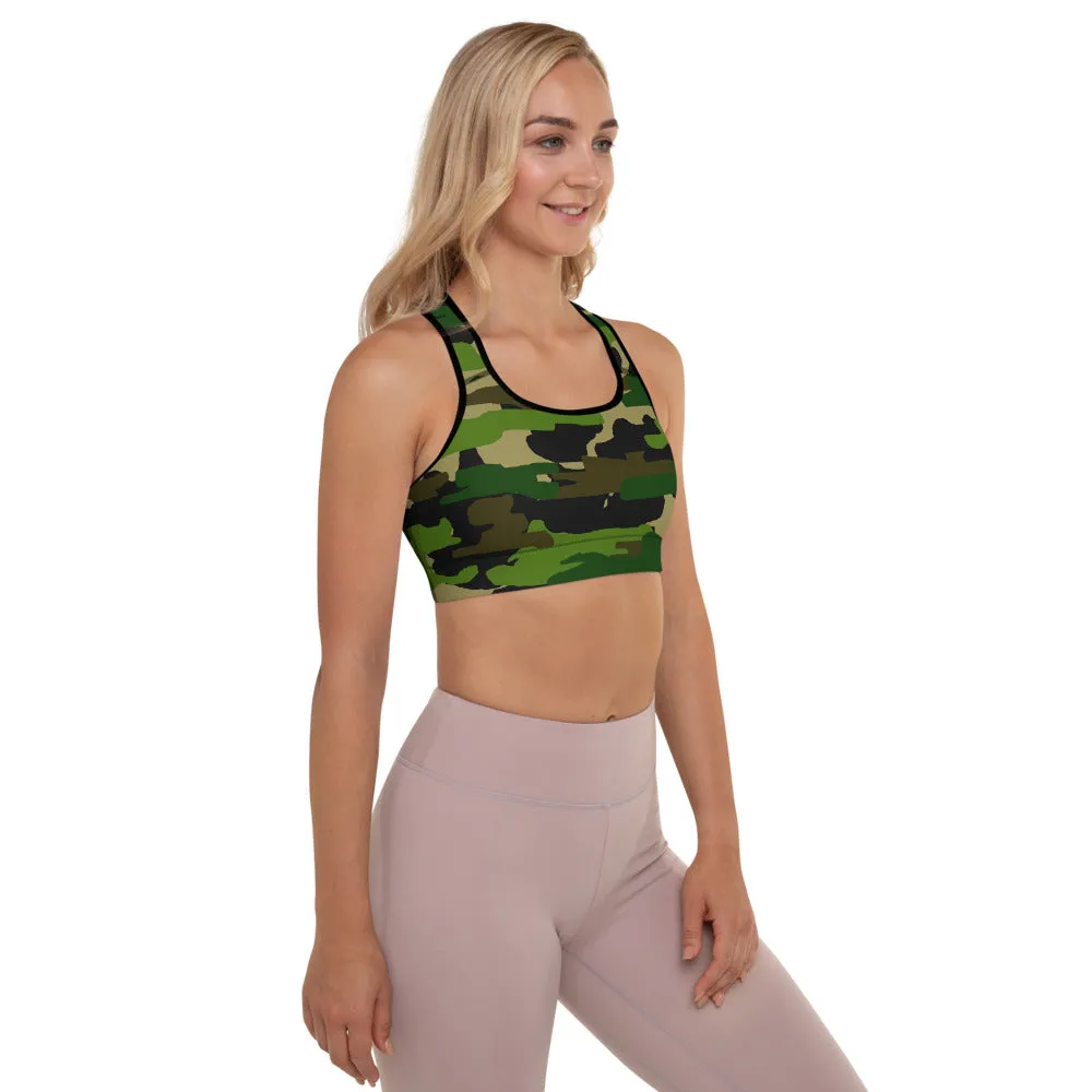 Green Camo Women's Sports Bra, Brown Military Army Padded Gym Bra- Made in USA/EU