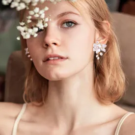 Handcraft White Ceramic Flower Pearl Stud Drop Earrings - Elegant Wedding and Prom Accessories - Post Earrings Jewelry for Brides and Women - Perfect for Special Occasions