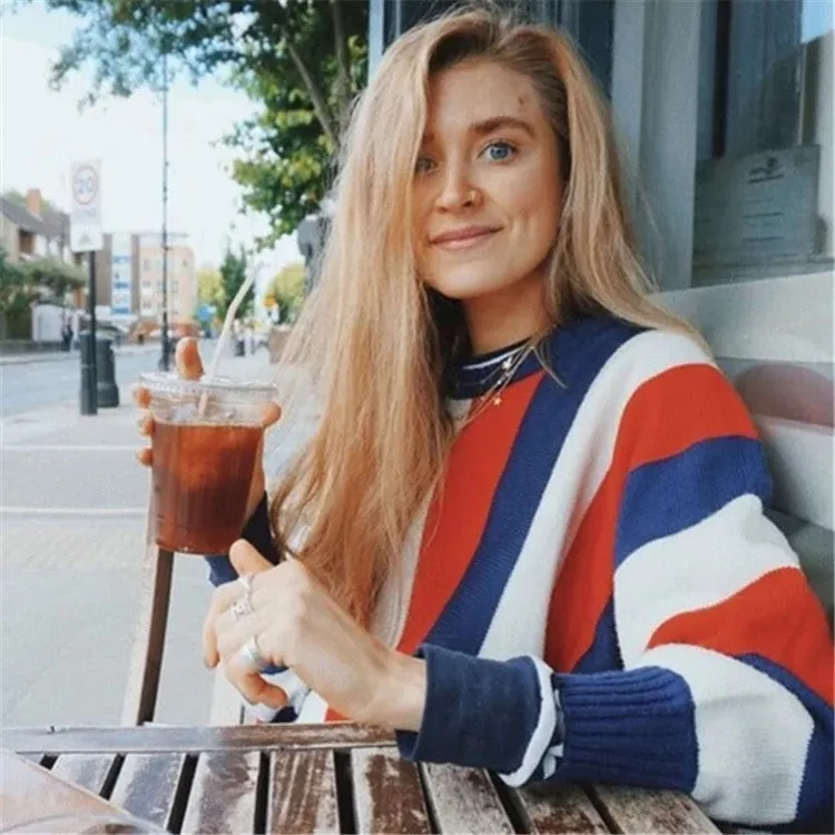 Hit Color Stripe Round Neck Dolman Sleeve Sweaters