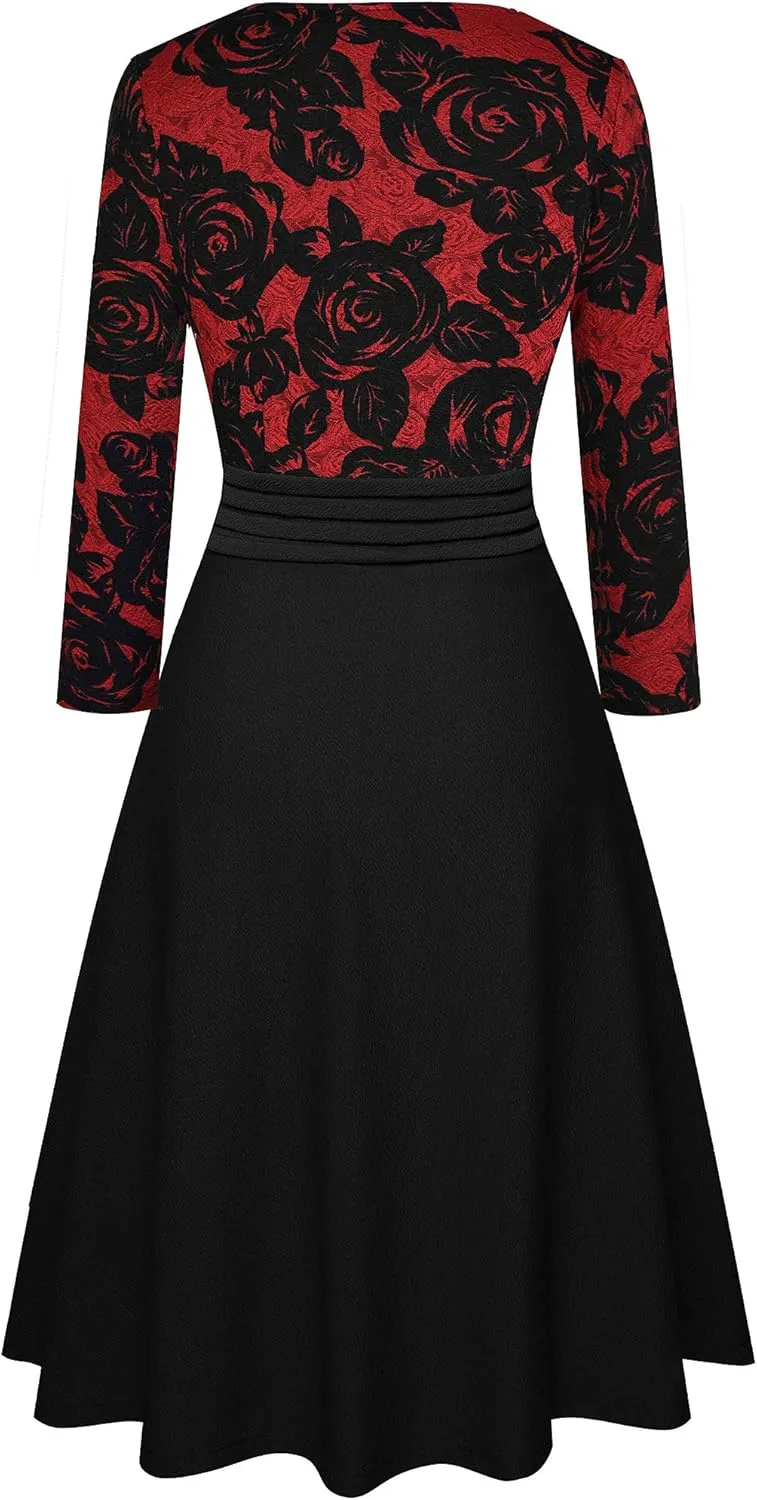 HOMEYEE Women's Chic V-Neck Lace Patchwork Flare Party Dress A062