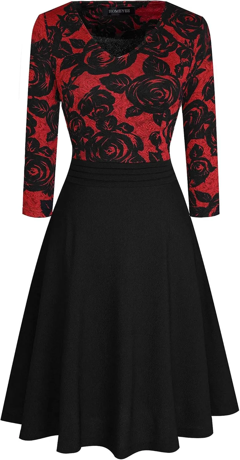 HOMEYEE Women's Chic V-Neck Lace Patchwork Flare Party Dress A062