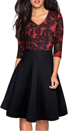 HOMEYEE Women's Chic V-Neck Lace Patchwork Flare Party Dress A062