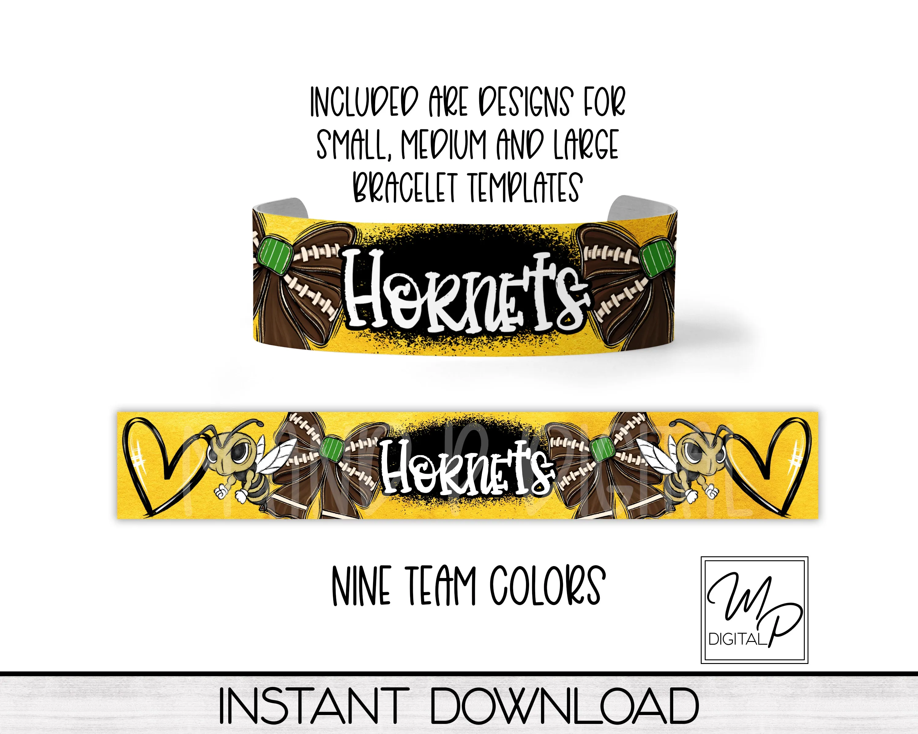 Hornets Football Team Spirit Acrylic Cuff Bracelet PNG Design for Sublimation, 9 Team Colors, Digital Download
