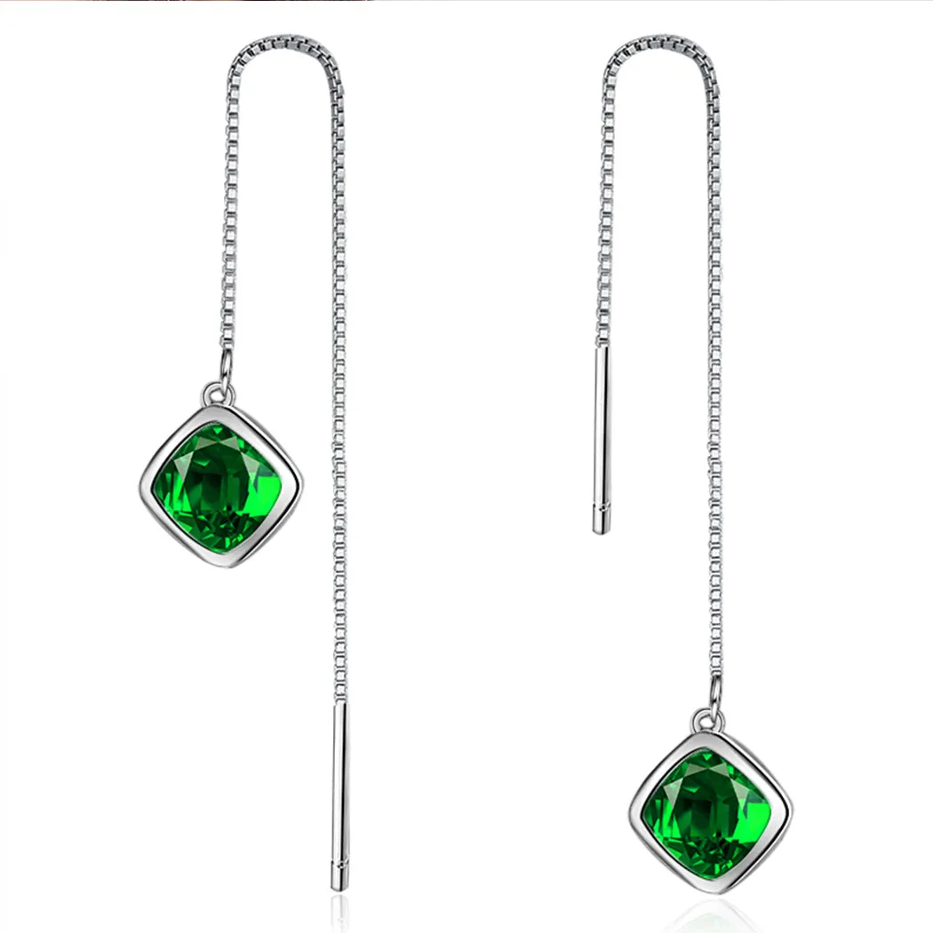 Ladies Ear Threader Green Cubic Zirconia Long Tassel Stud Earrings