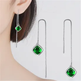 Ladies Ear Threader Green Cubic Zirconia Long Tassel Stud Earrings