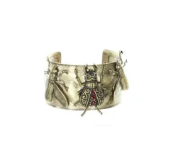 LadyBug and Moths Insect Hammered Cuff Bracelet  1.5" wide, antique gold and red crystal, HandMade in USA