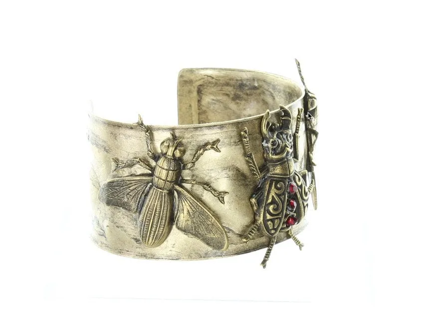 LadyBug and Moths Insect Hammered Cuff Bracelet  1.5" wide, antique gold and red crystal, HandMade in USA