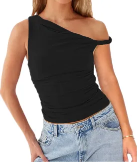 Lancifolium Trending Twist One Shoulder Y2k Asymmetrical Neck Sexy Tank Tops Women Double Lined Ruched Party Club Outfit