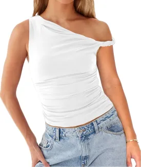 Lancifolium Trending Twist One Shoulder Y2k Asymmetrical Neck Sexy Tank Tops Women Double Lined Ruched Party Club Outfit