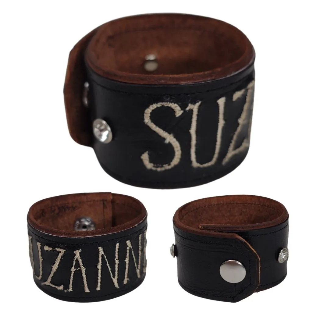 Leather Cuff Bracelet With Monogram Or Name Embroidered