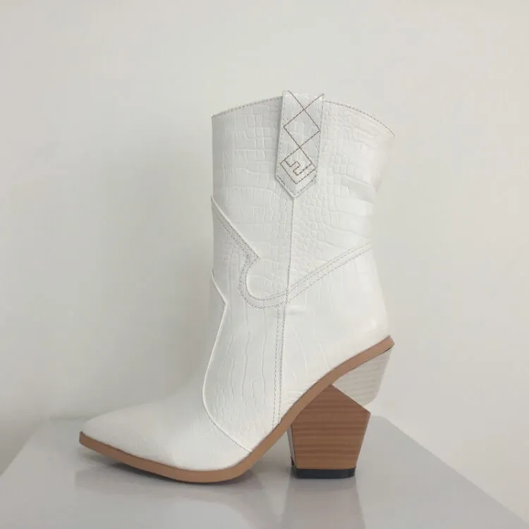 Leather Point Toe Chunky Heel Calf Boots