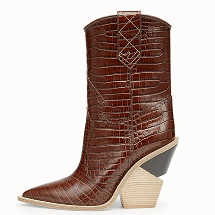 Leather Point Toe Chunky Heel Calf Boots