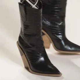 Leather Point Toe Chunky Heel Calf Boots