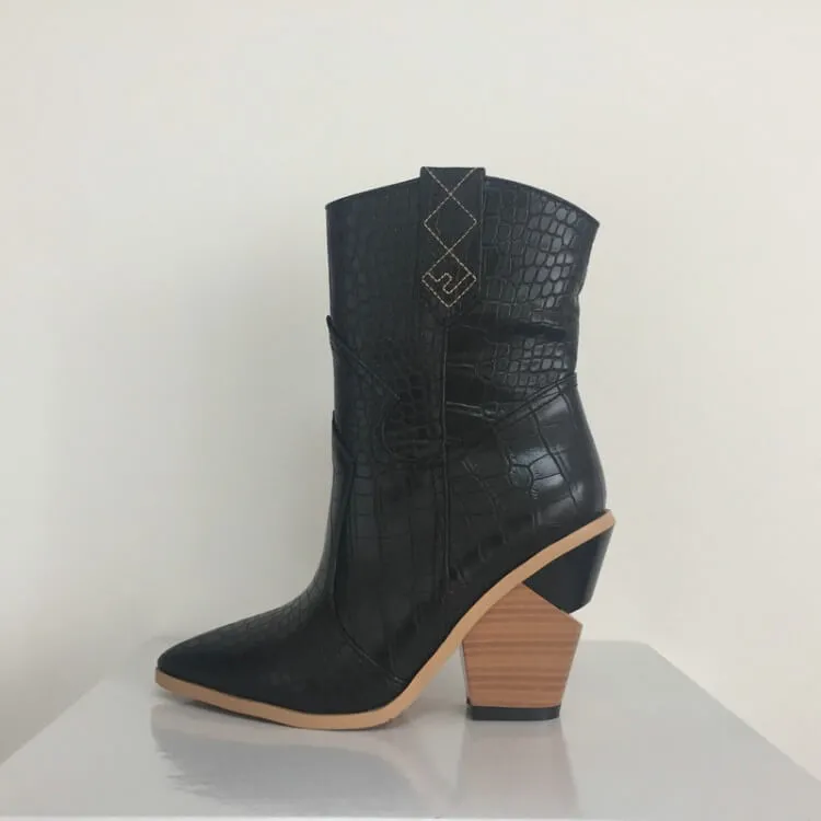 Leather Point Toe Chunky Heel Calf Boots