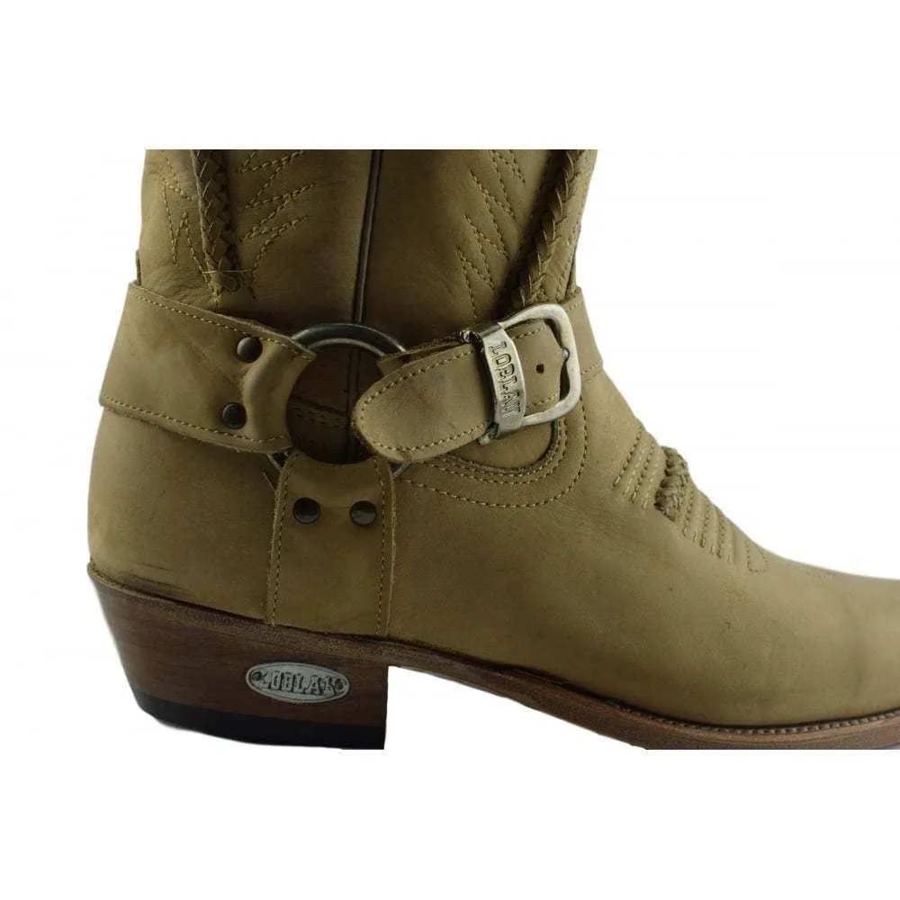 Loblan 2476 Tan Beige Leather Cowboy Boots Handmade Classic Western Buckle Boot