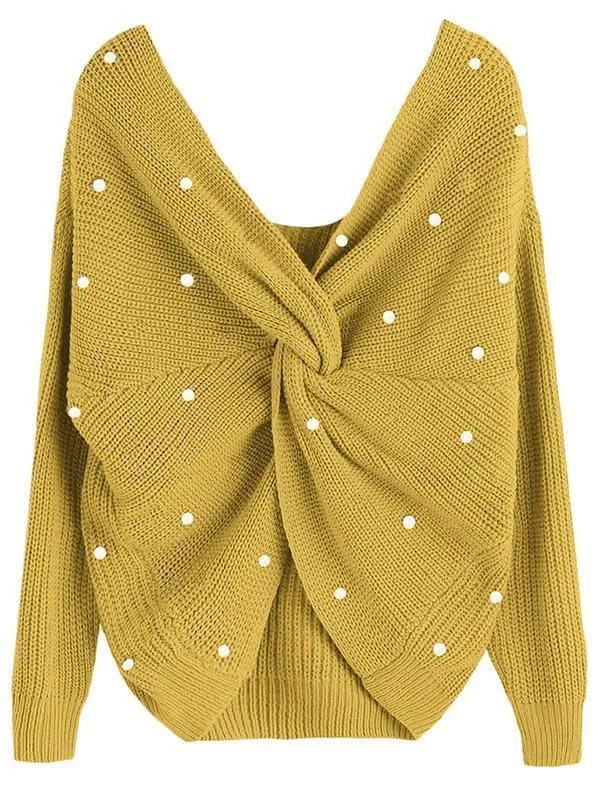 Loose Backless Irregular Cross Pearl Knit Sweater