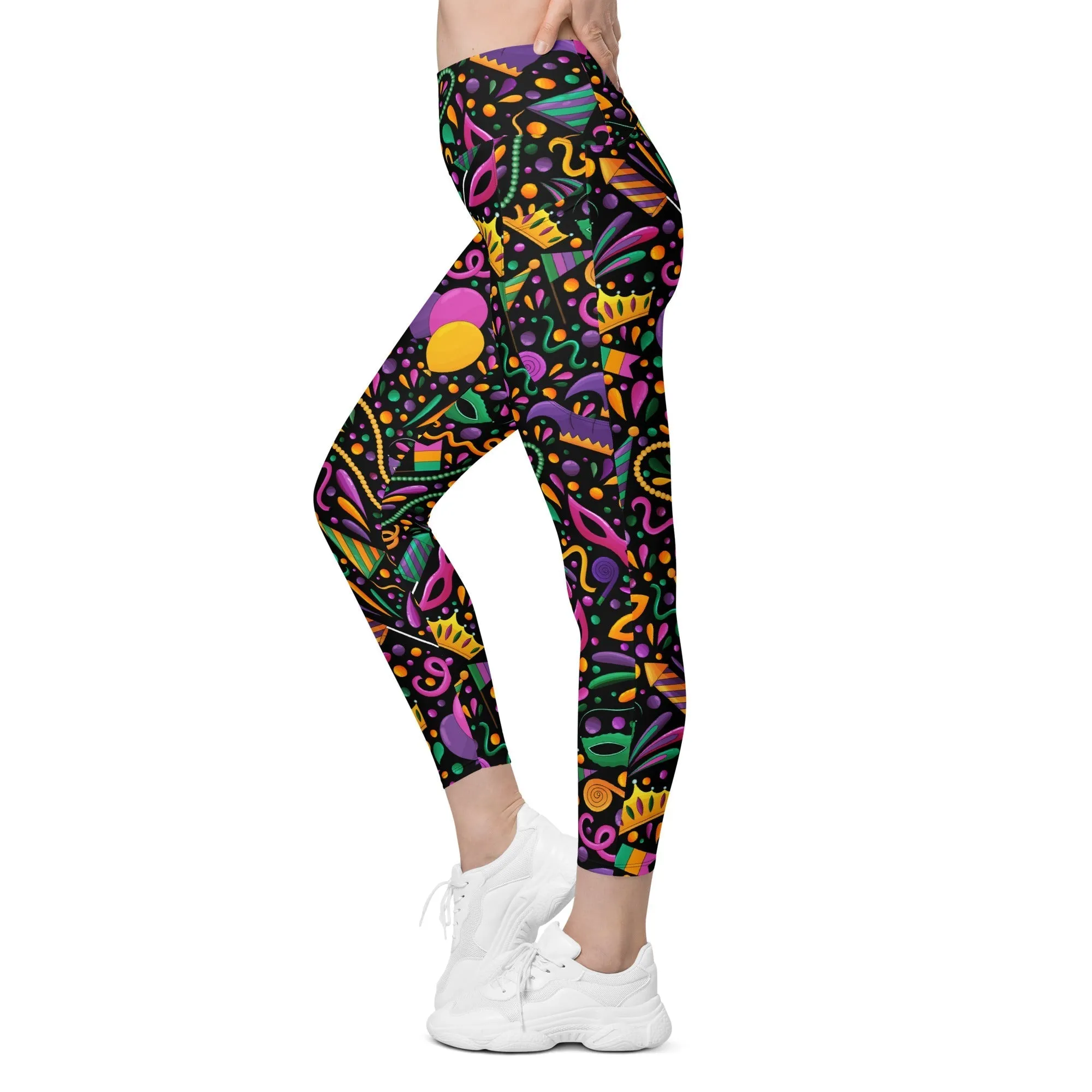 Mardi Gras Masks & Beads Party Leggings With Pockets