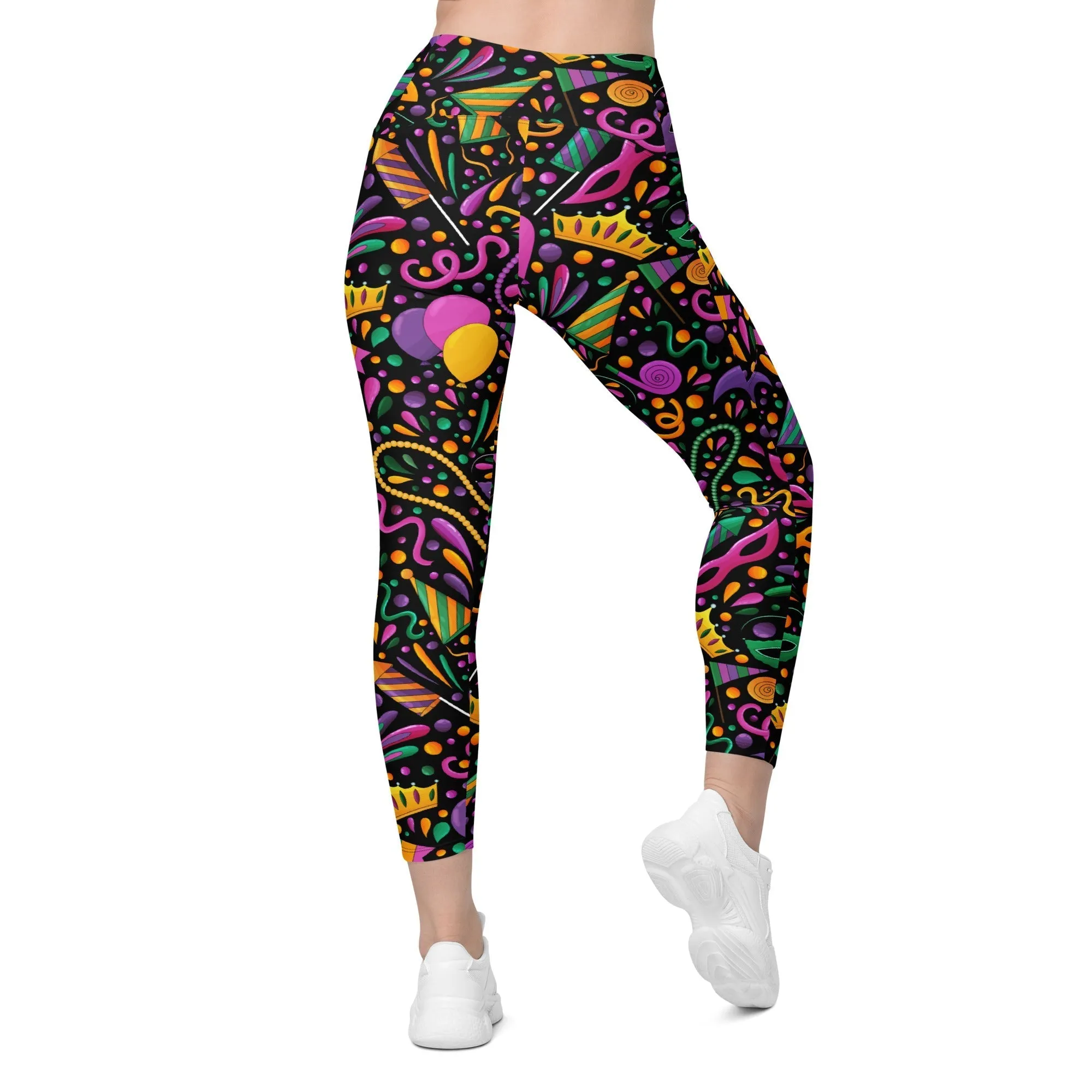 Mardi Gras Masks & Beads Party Leggings With Pockets