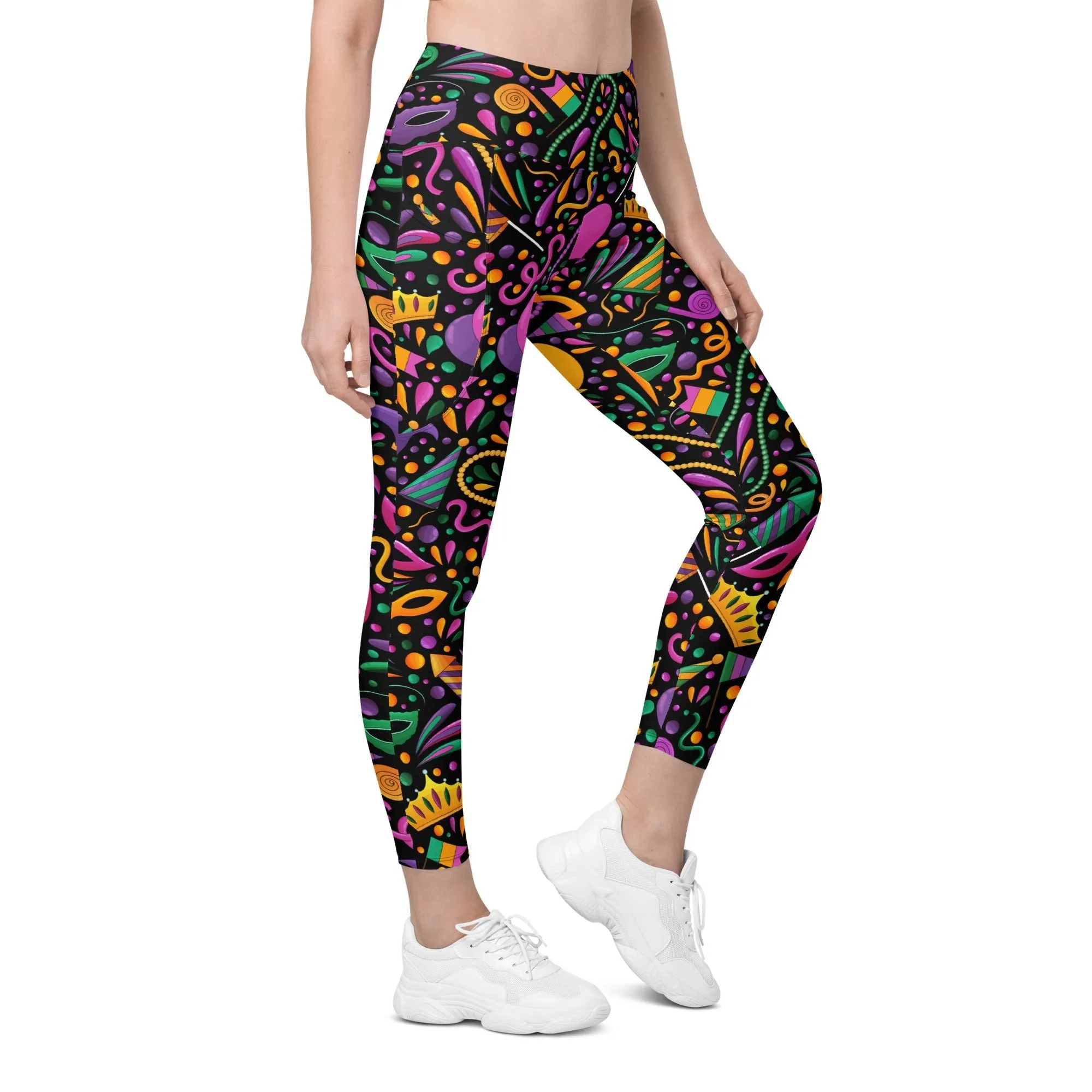 Mardi Gras Masks & Beads Party Leggings With Pockets