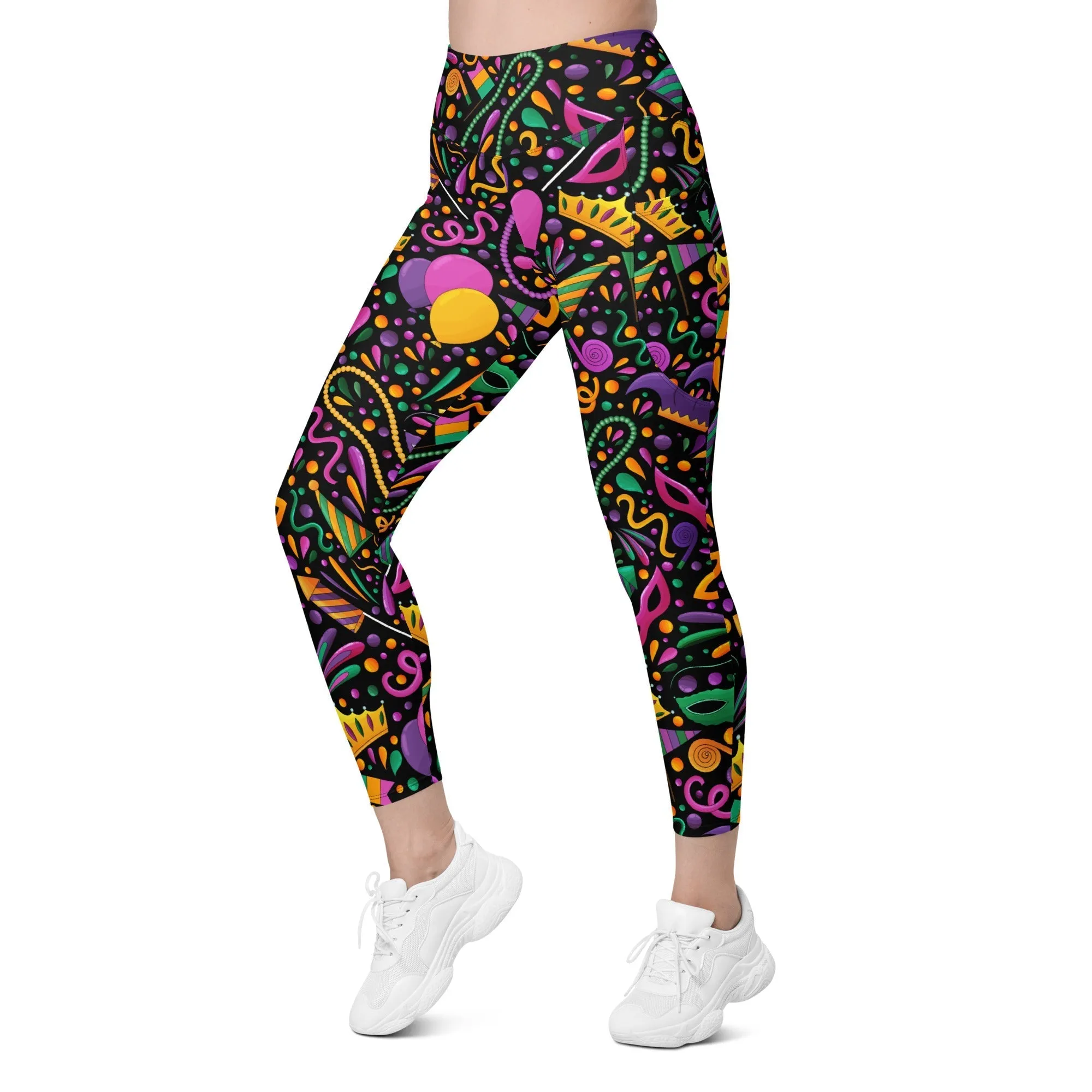Mardi Gras Masks & Beads Party Leggings With Pockets
