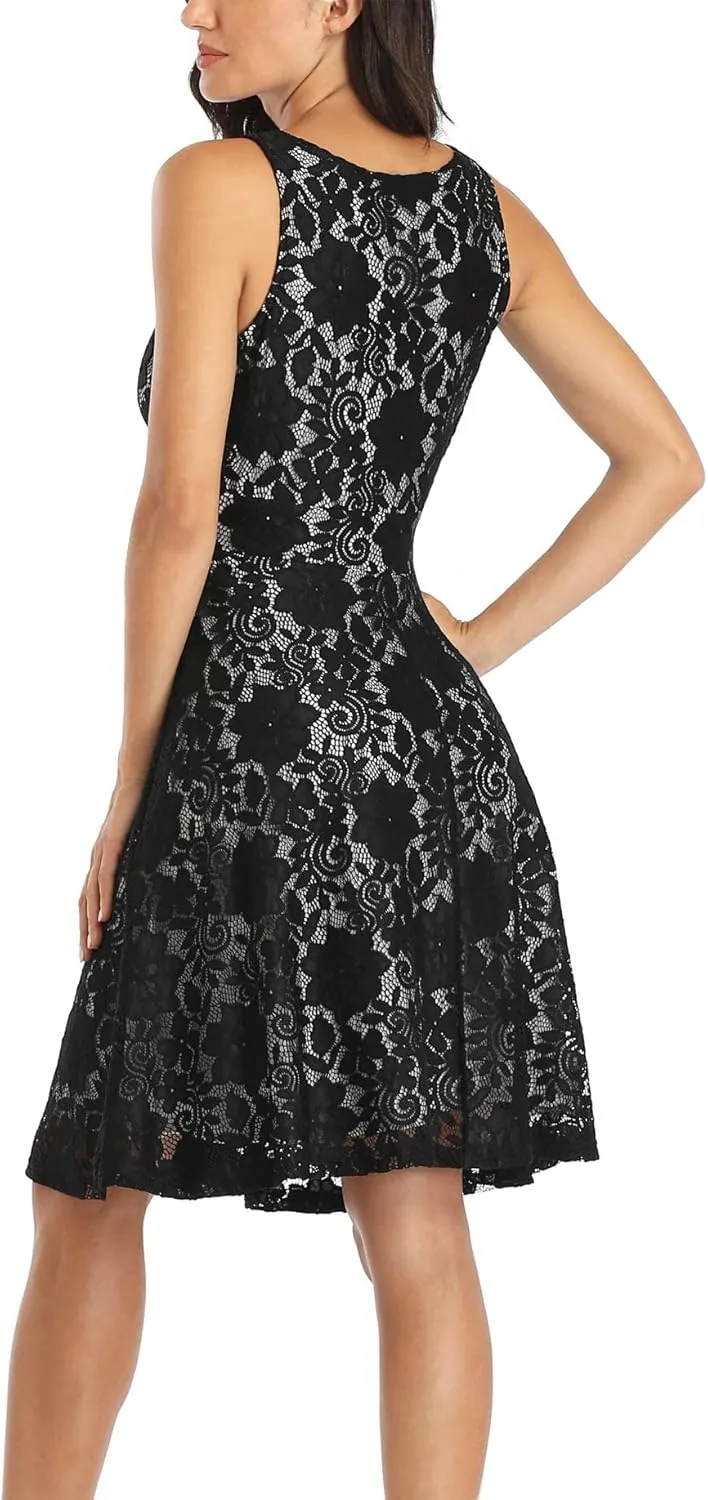MISS MOLY Women's Floral Lace Overlay Fit and Flare Dress Sexy V-Neck Knee Length Elegant Party Wedding Dress