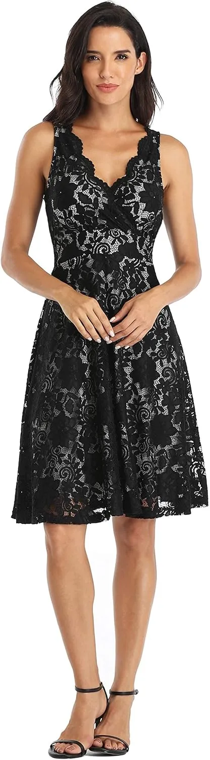 MISS MOLY Women's Floral Lace Overlay Fit and Flare Dress Sexy V-Neck Knee Length Elegant Party Wedding Dress