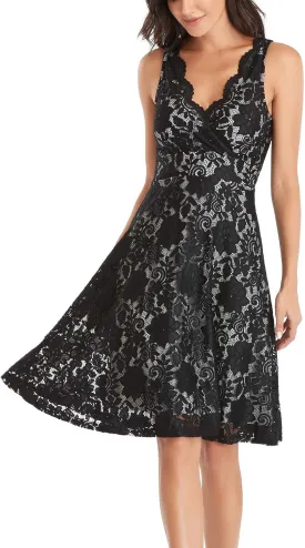 MISS MOLY Women's Floral Lace Overlay Fit and Flare Dress Sexy V-Neck Knee Length Elegant Party Wedding Dress