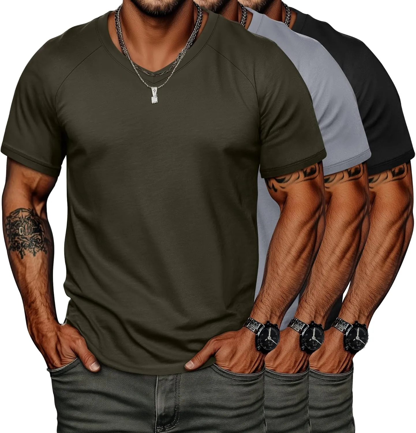 Neer 3 Pack Men's Big and Tall V Neck T-Shirts M-7X, 35% Cotton Short Sleeve Raglan Tops Casual Regular Summer Basic Tees