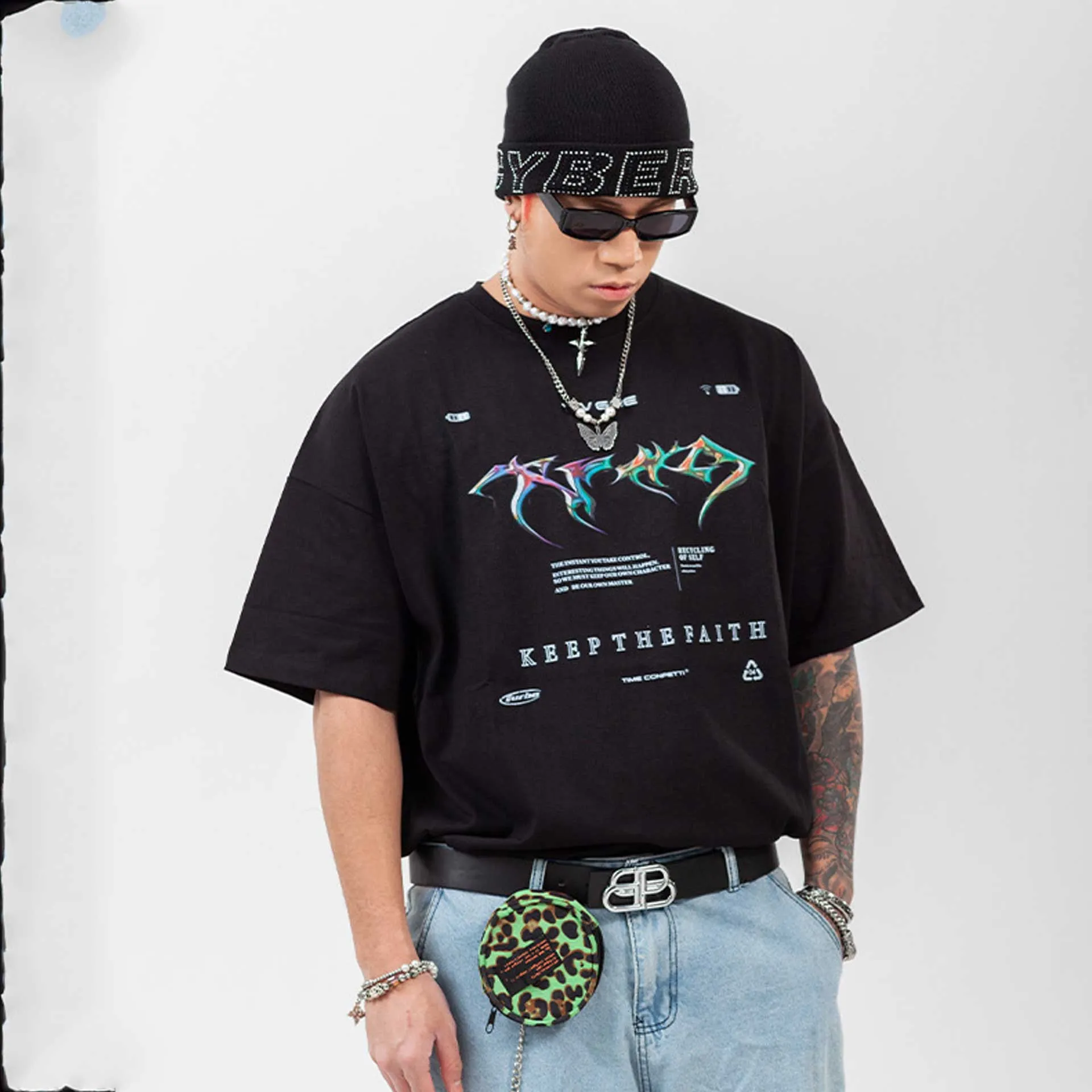Oversized 90S T Shirt Colorful Metal Printed Dark Letters Men's T-shirt