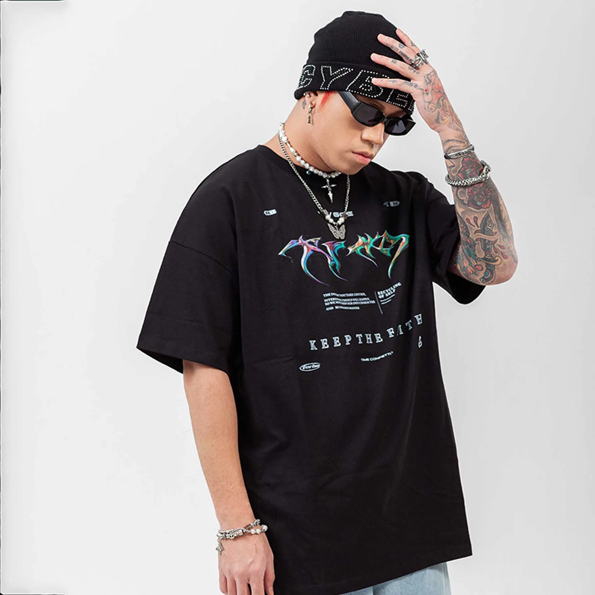 Oversized 90S T Shirt Colorful Metal Printed Dark Letters Men's T-shirt