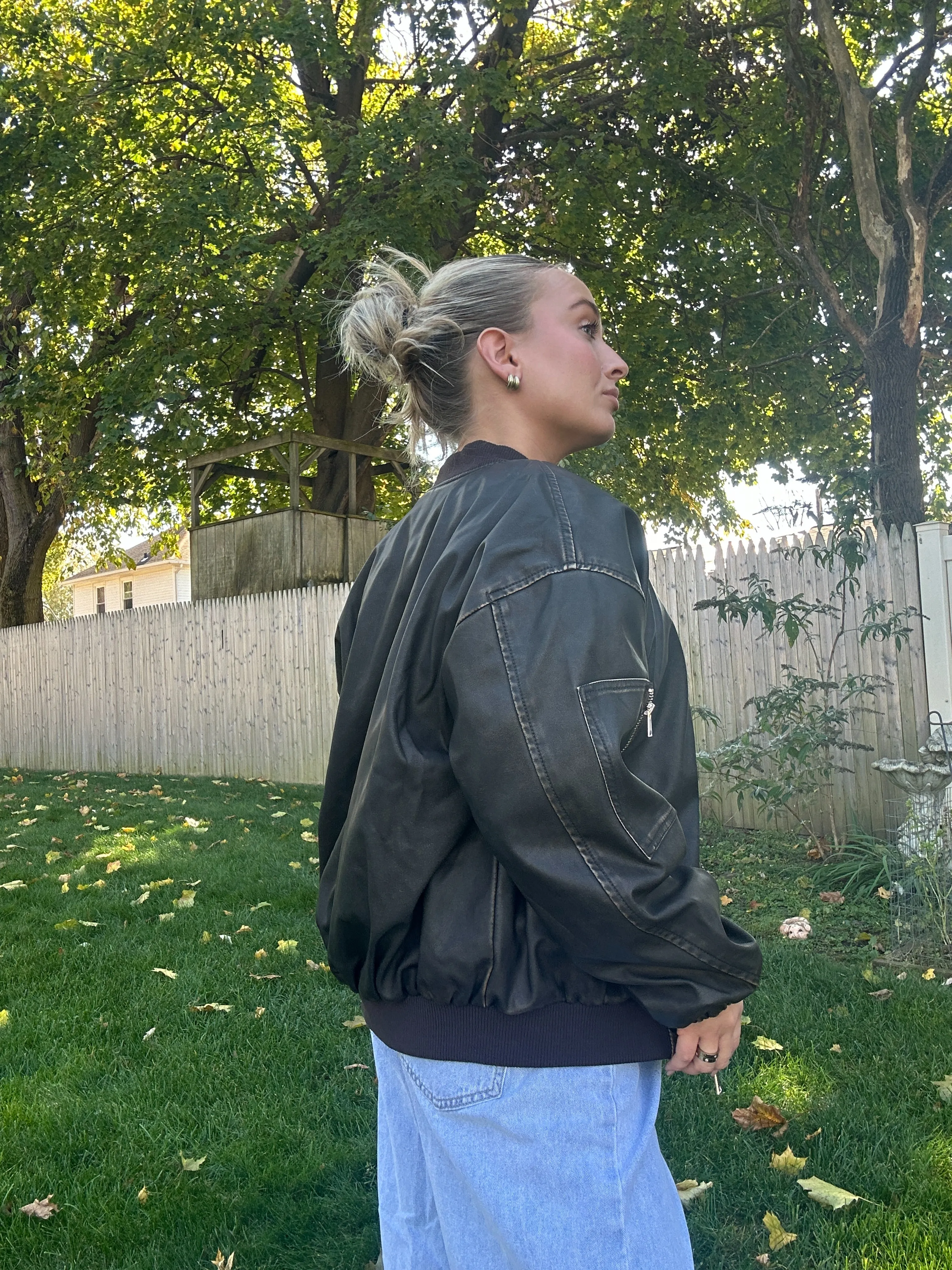 Oversized Faux Leather Bomber Jacket