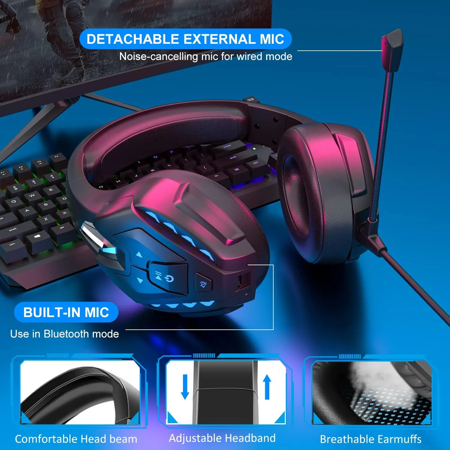 PHOINIKAS PS5 Gaming Headset for PS4, PC, Switch, Q10 Xbox One Headset with Stereo Sound, Detachable Mic, Wireless Bluetooth 5.3 Headphone only for Laptop/Phone/Tablet, 40H Plyatime (Blue)