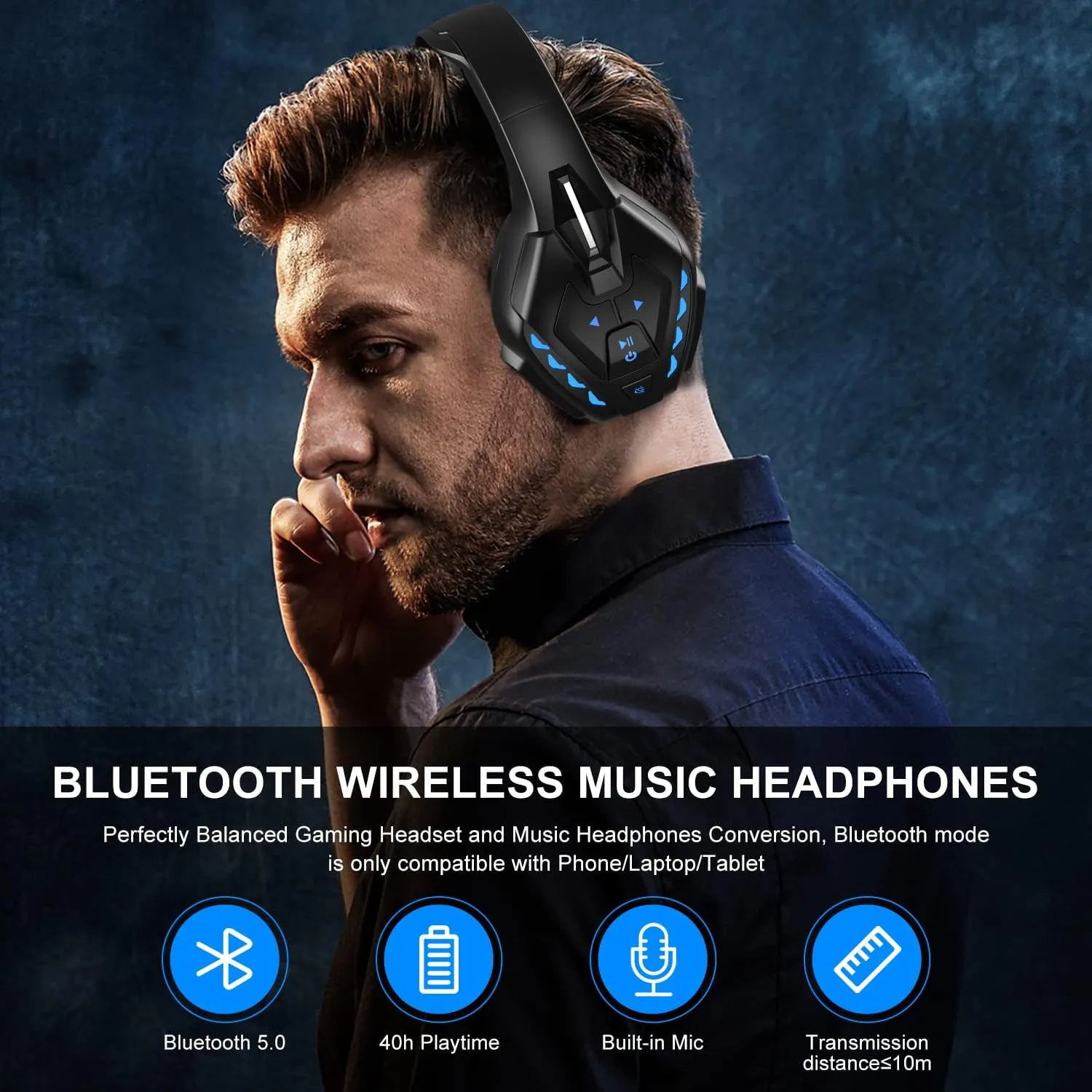 PHOINIKAS PS5 Gaming Headset for PS4, PC, Switch, Q10 Xbox One Headset with Stereo Sound, Detachable Mic, Wireless Bluetooth 5.3 Headphone only for Laptop/Phone/Tablet, 40H Plyatime (Blue)