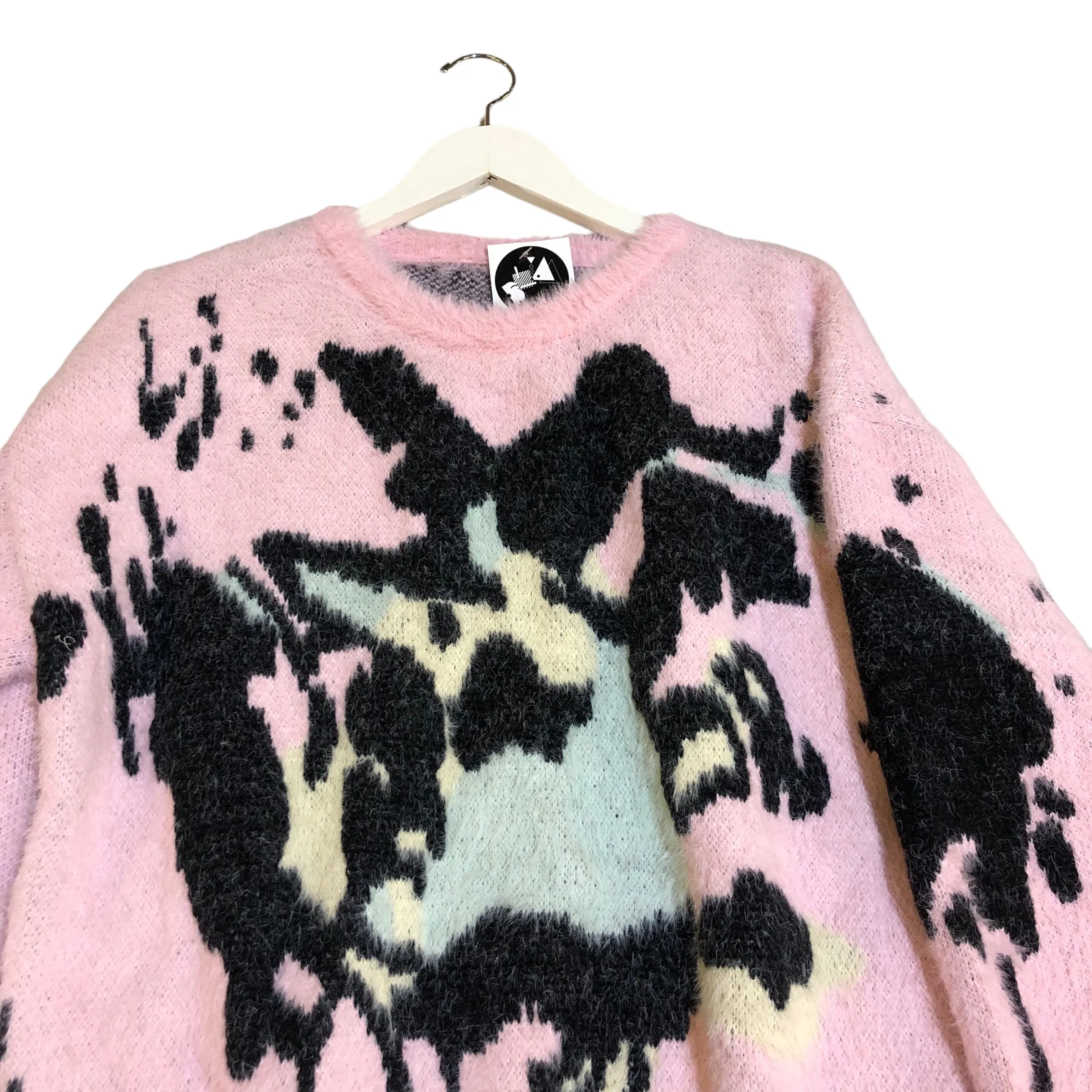 Pink Black Mohair Knit Crewneck  Sweater