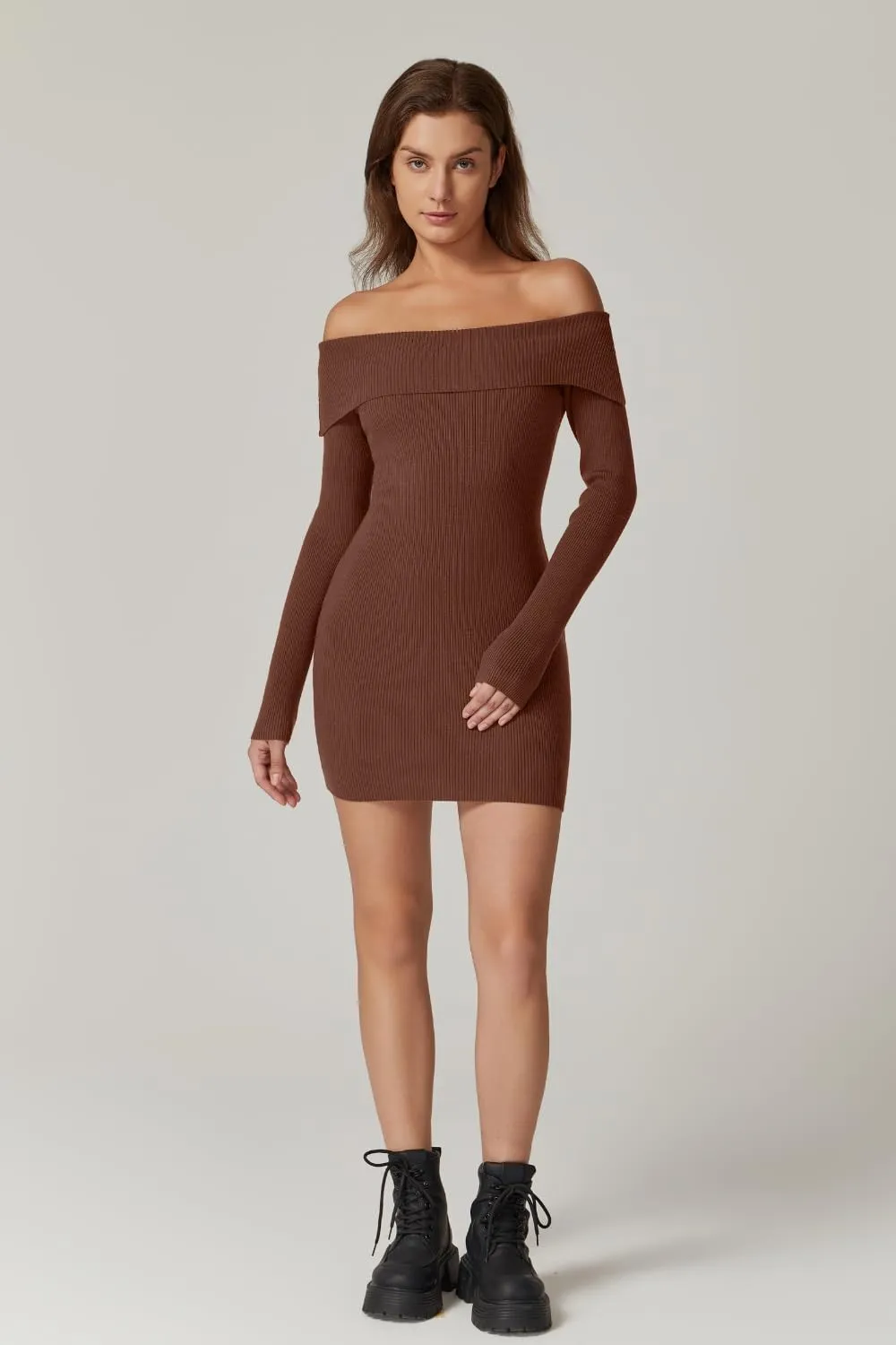 QINSEN Women's Off The Shoulder Ribbed Knit Sweater Dress Folded Neck Long Sleeve Mini Dress 2024 Trendy Fall Outfits