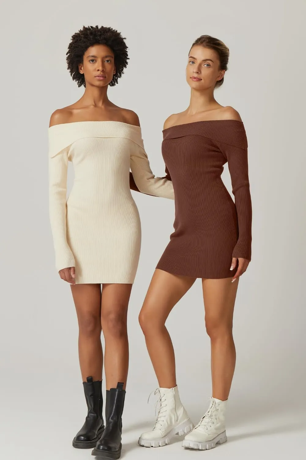 QINSEN Women's Off The Shoulder Ribbed Knit Sweater Dress Folded Neck Long Sleeve Mini Dress 2024 Trendy Fall Outfits